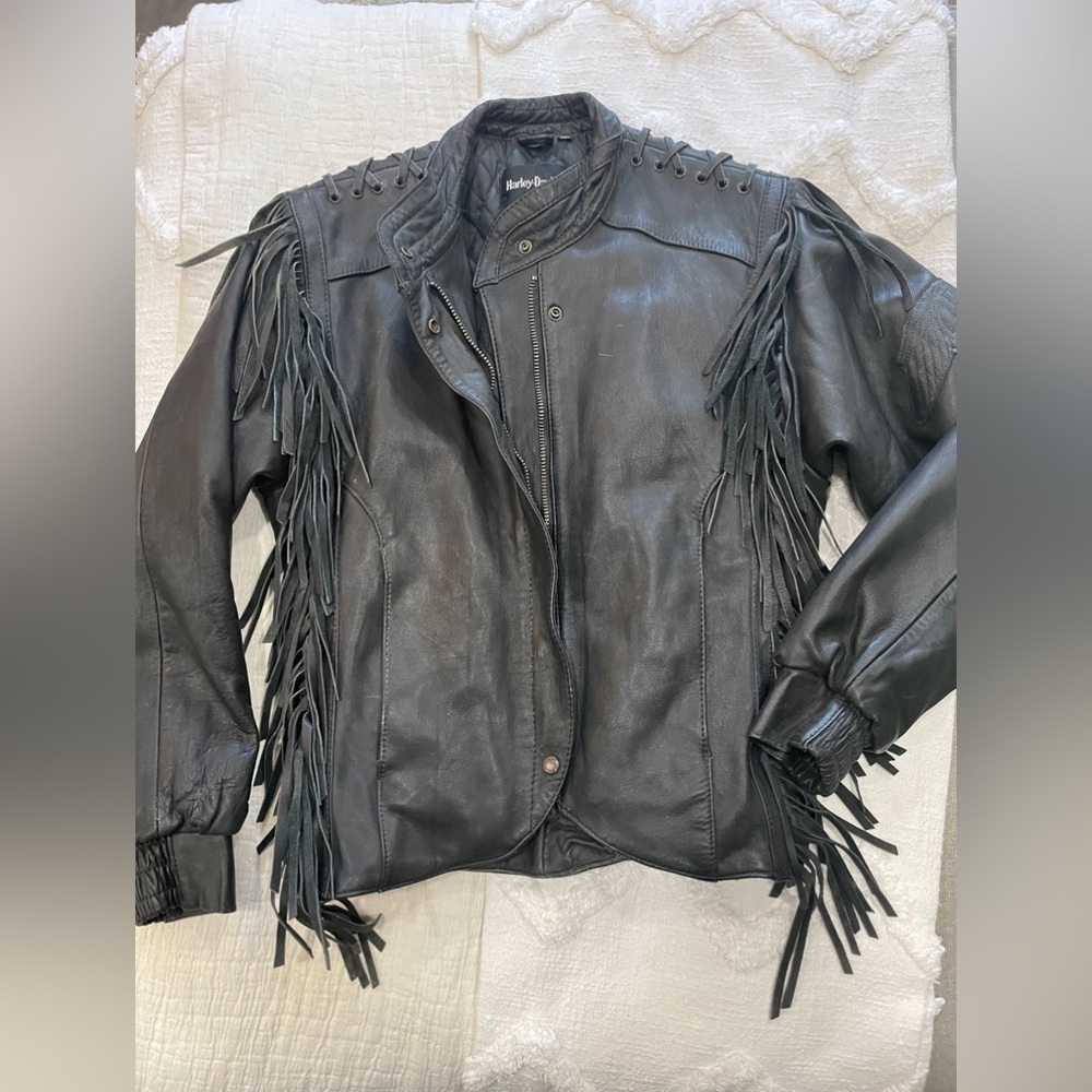 Vintage Harley-Davidson Black Leather Fringe Motorcycle Jacket Women’s 38